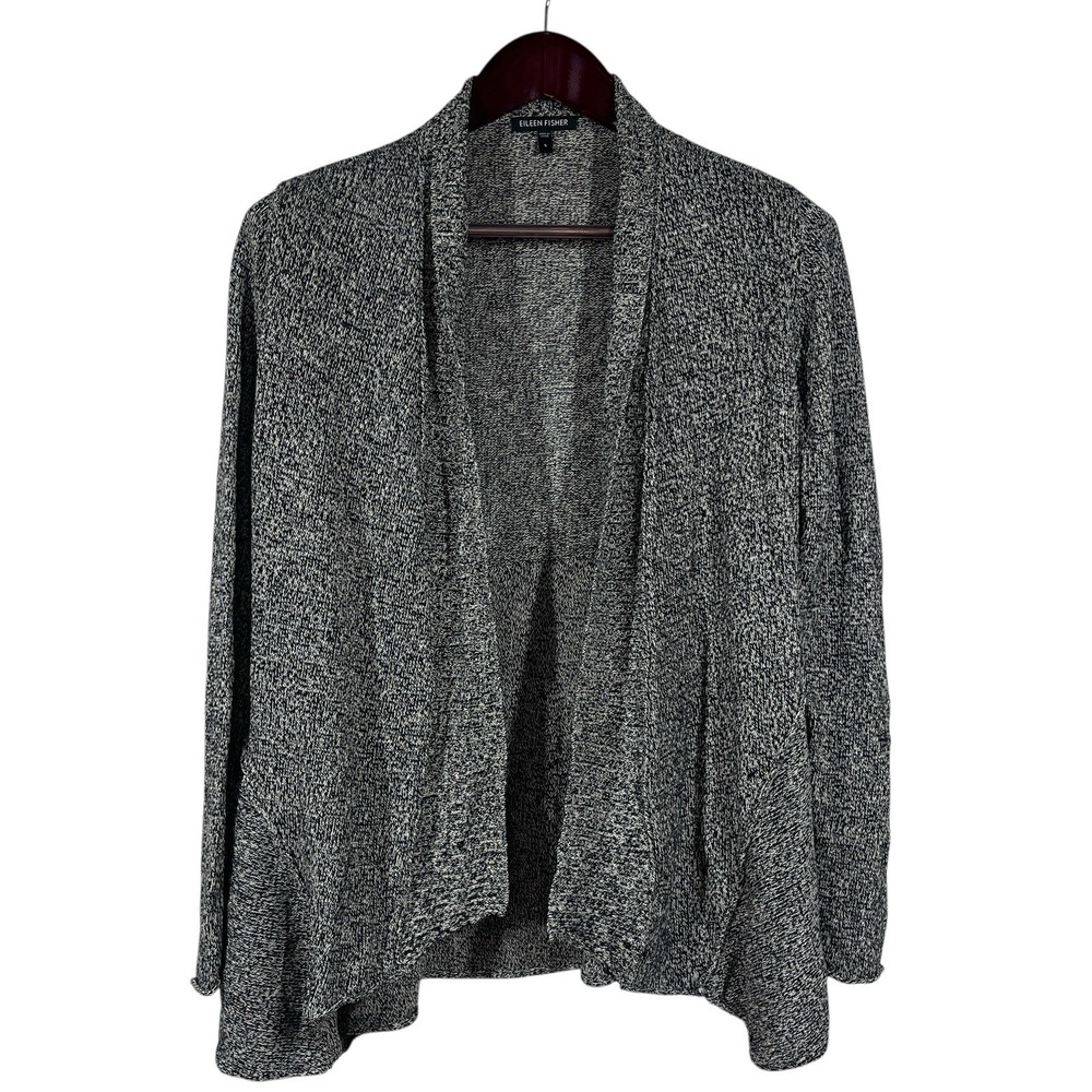 Eileen Fisher Wool Linen Open Front Cardigan Sz S Black Marled Long Sweater